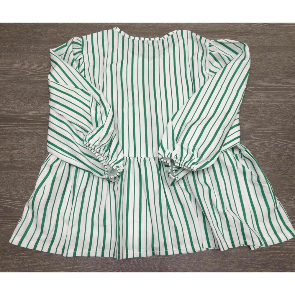 Amazon White Green Striped Lace Up Puff Sleeve Peplum Blouse Women Size Small - Picture 2 of 2